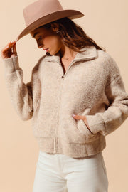 Oatmeal Zipper Fuzzy Sweatshirt