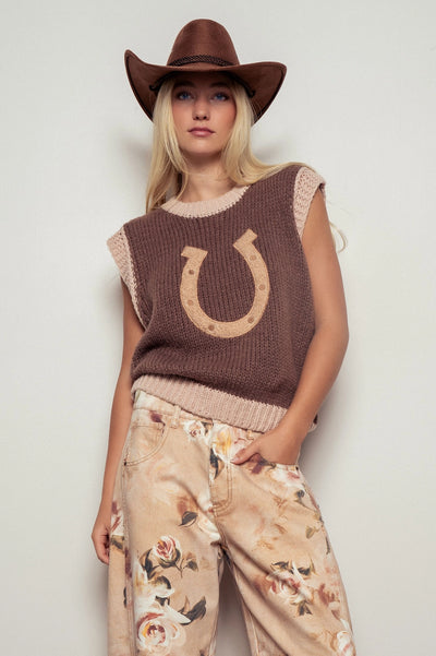 Lucky Horseshoe Sweater Vest Mocha