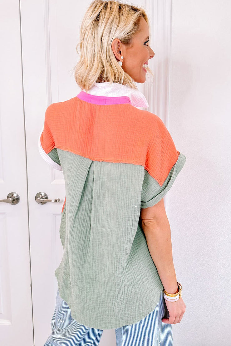 Colorblock Raw Hem Blouse