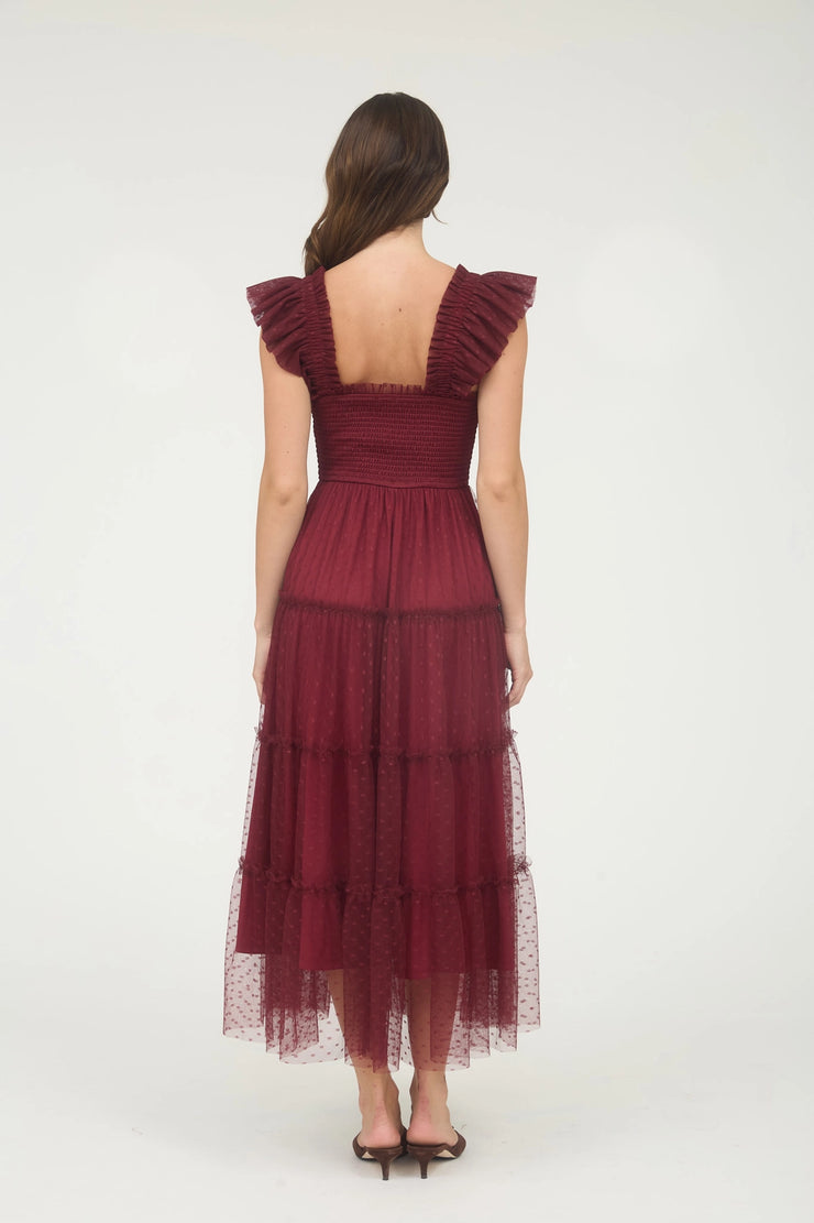 Dot Mesh Burgundy Midi Dress