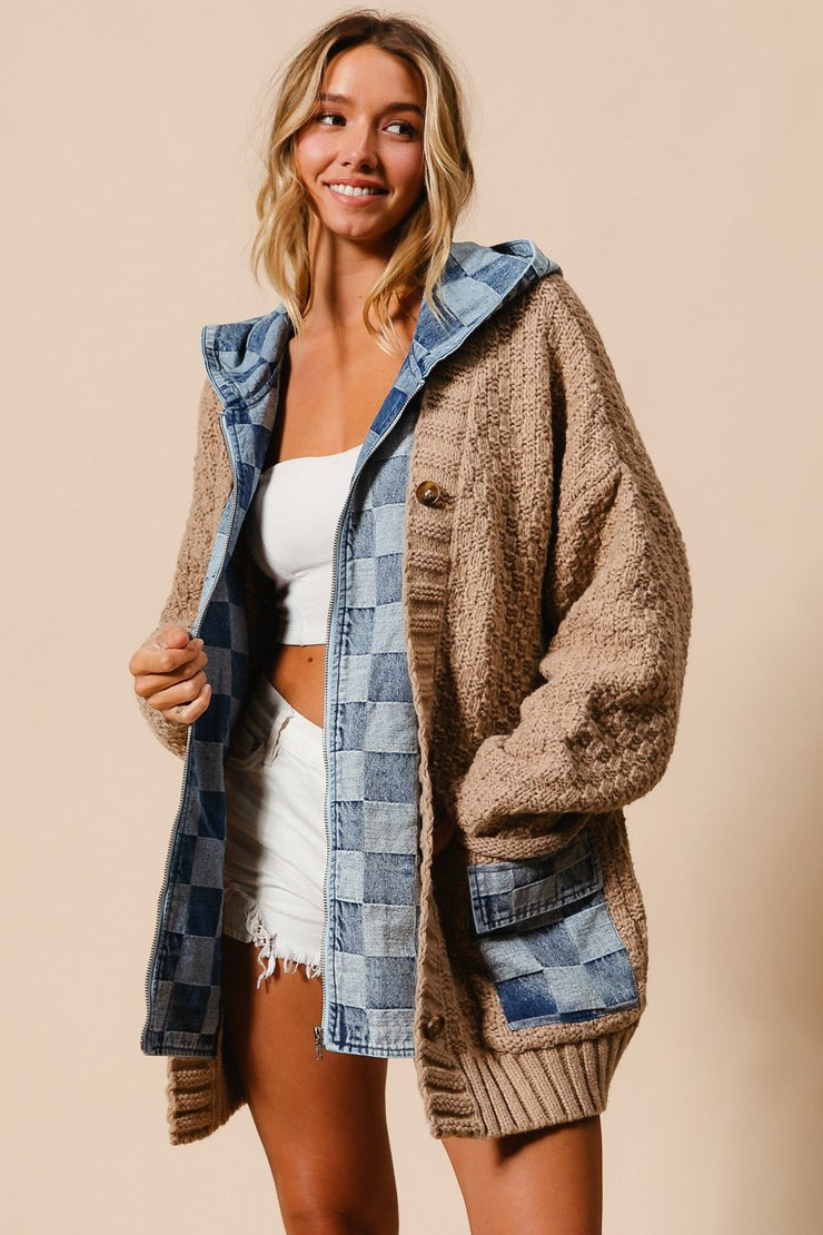 Denim Checkered Cardi Mixed Sweater