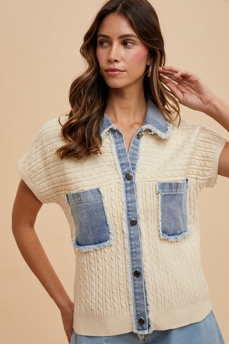 Mixed Media Cableknit Blouse