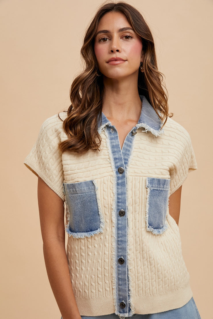 Mixed Media Cableknit Blouse