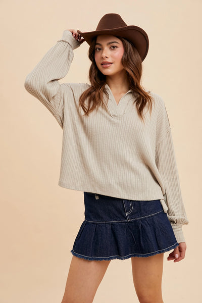 Oatmeal Quarter Split Ribbed Blouse