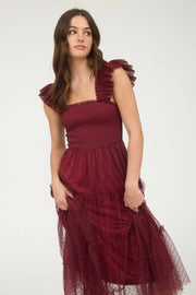 Dot Mesh Burgundy Midi Dress