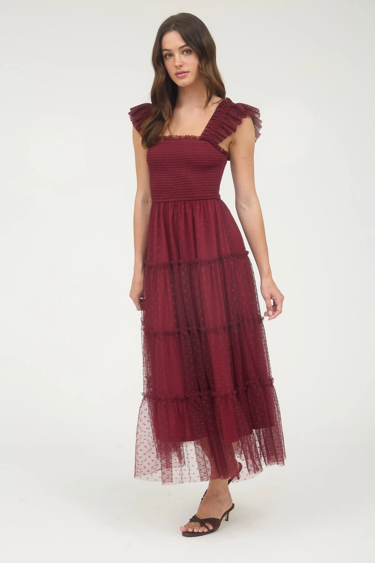 Dot Mesh Burgundy Midi Dress
