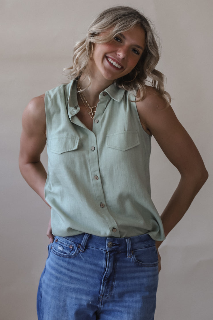 Blaire Button-down Sage Tank