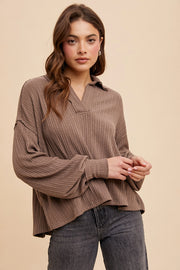 Mocha Quarter Split Ribbed Blouse