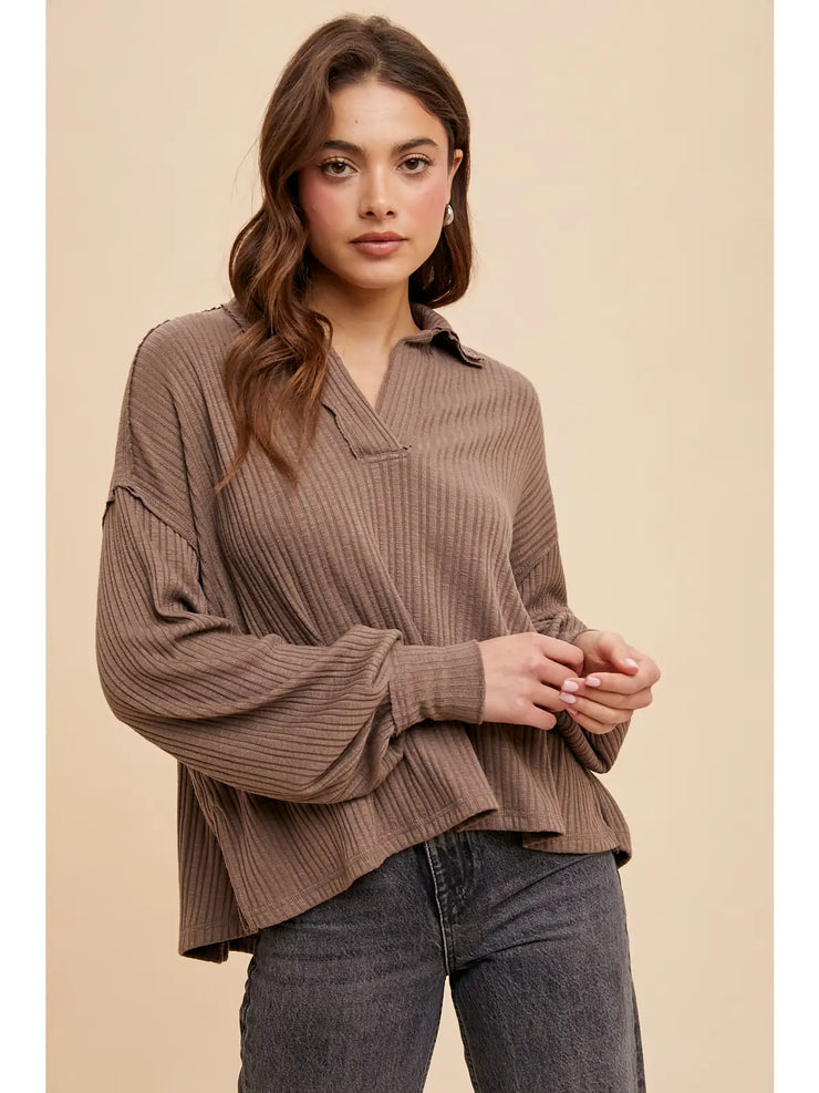 Mocha Quarter Split Ribbed Blouse