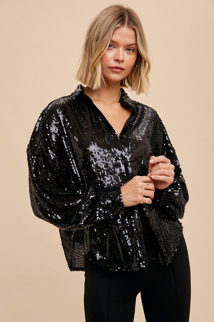 Black Sequin Button-down