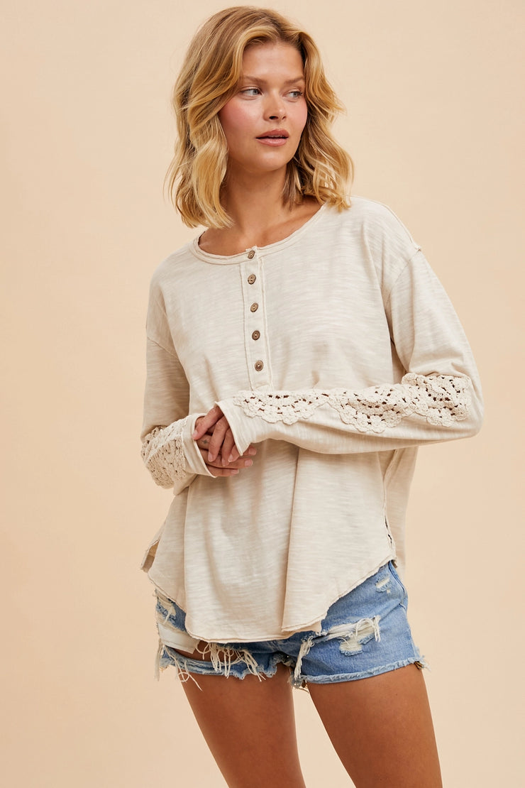 Oatmeal Crochet Sleeve Henley