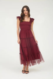 Dot Mesh Burgundy Midi Dress