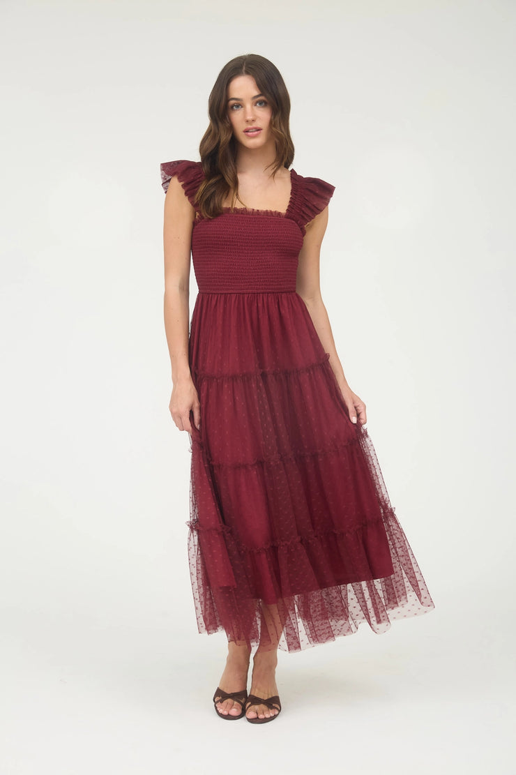 Dot Mesh Burgundy Midi Dress