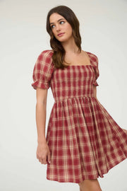 Lucy Burgundy Puff Sleeve Plaid Dress