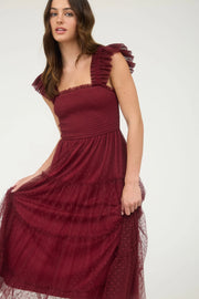 Dot Mesh Burgundy Midi Dress