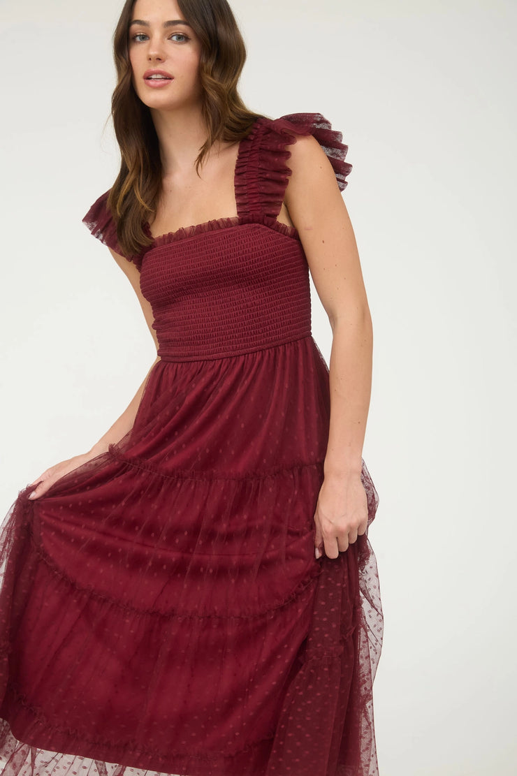 Dot Mesh Burgundy Midi Dress
