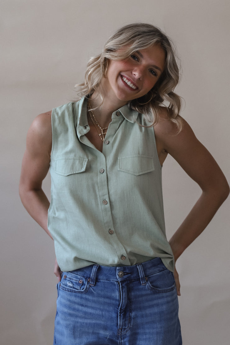 Blaire Button-down Sage Tank