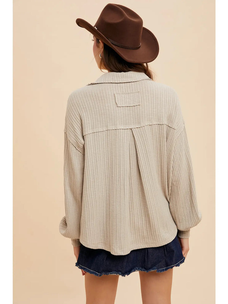 Oatmeal Quarter Split Ribbed Blouse