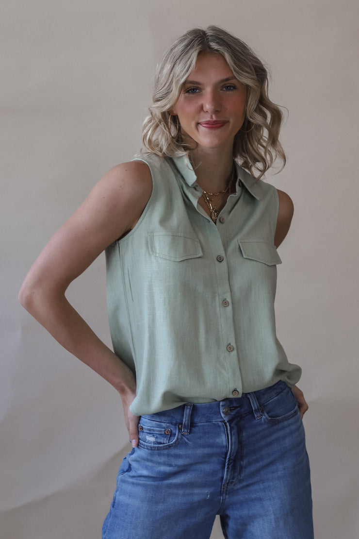 Blaire Button-down Sage Tank