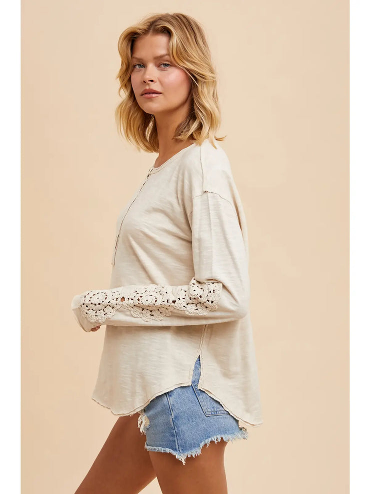 Oatmeal Crochet Sleeve Henley