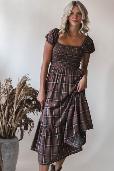 Jay Brown Plaid Midi Dress