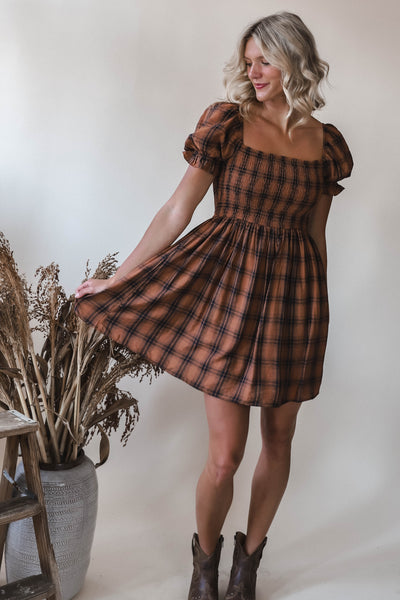 Lucy Chocolate Puff Sleeve Plaid Dress
