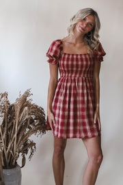 Lucy Burgundy Puff Sleeve Plaid Dress