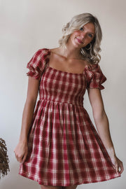 Lucy Burgundy Puff Sleeve Plaid Dress
