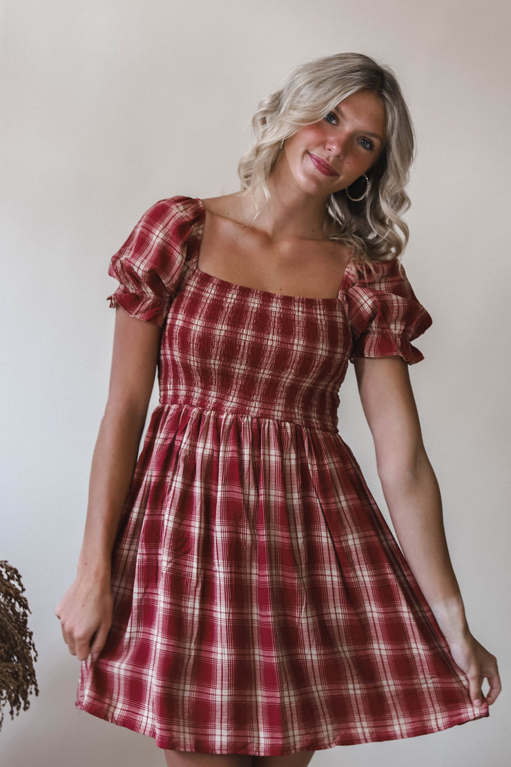 Lucy Burgundy Puff Sleeve Plaid Dress