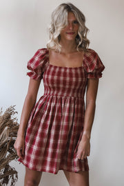 Lucy Burgundy Puff Sleeve Plaid Dress
