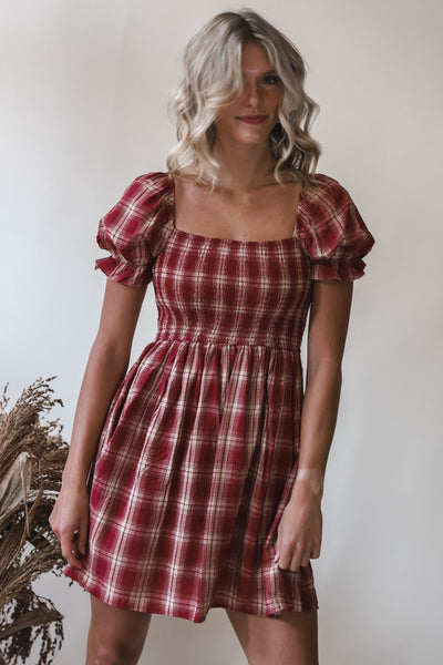 Lucy Burgundy Puff Sleeve Plaid Dress