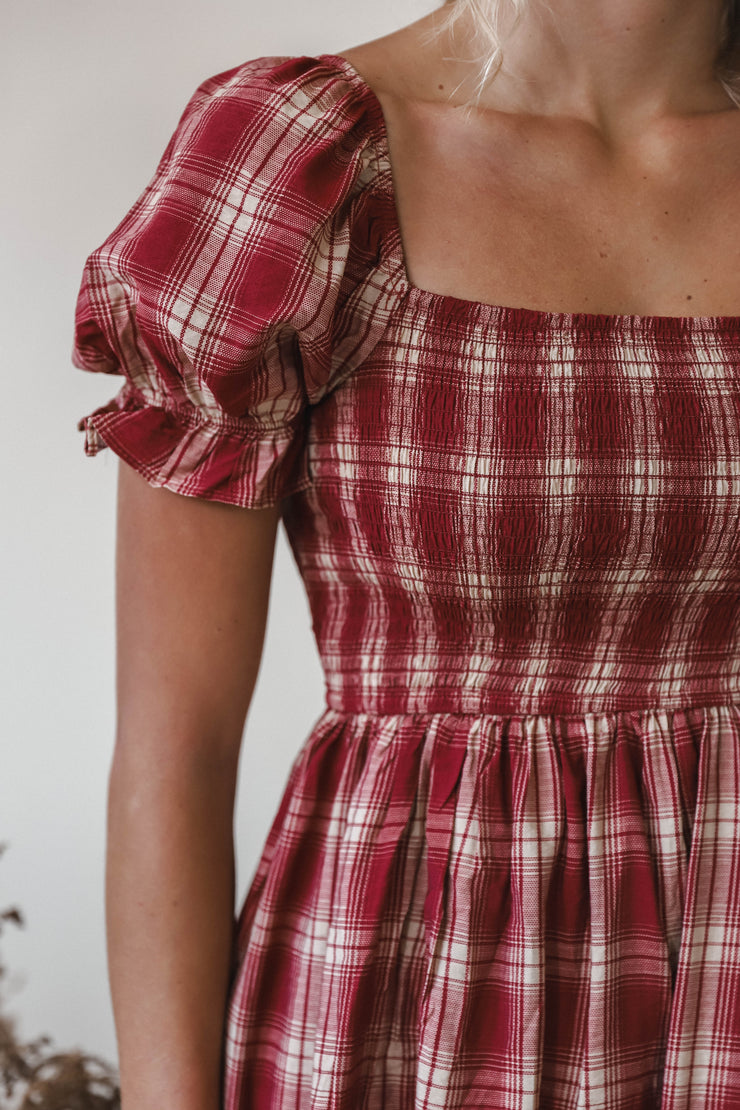 Lucy Burgundy Puff Sleeve Plaid Dress