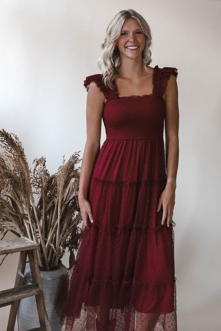 Dot Mesh Burgundy Midi Dress