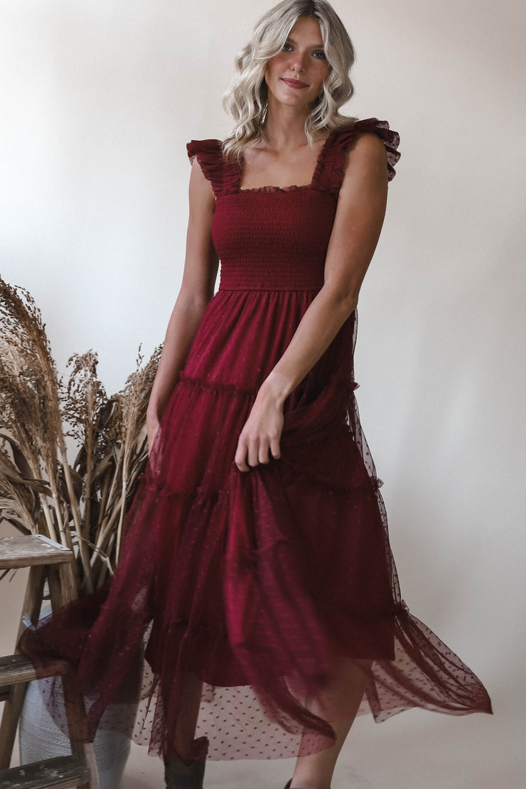 Dot Mesh Burgundy Midi Dress