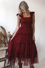 Dot Mesh Burgundy Midi Dress