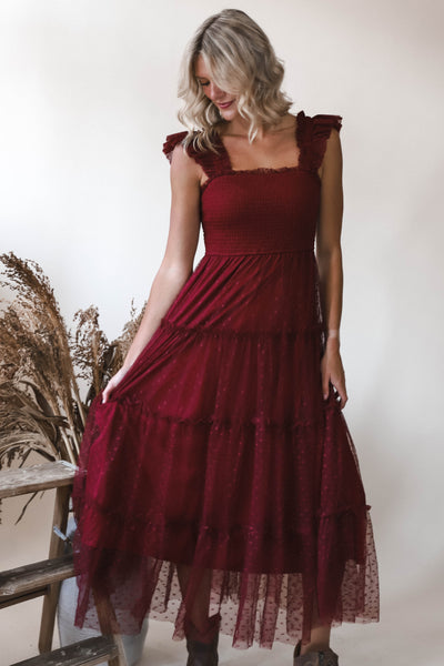 Dot Mesh Burgundy Midi Dress
