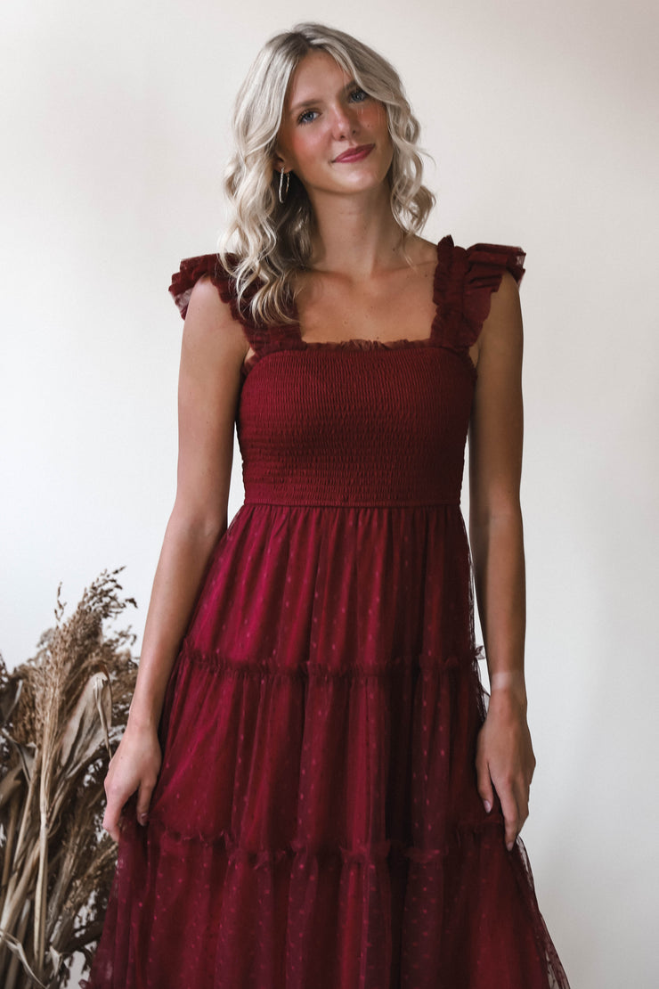 Dot Mesh Burgundy Midi Dress