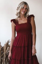 Dot Mesh Burgundy Midi Dress