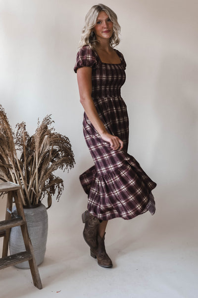Jay Burgundy Plaid Midi Dress