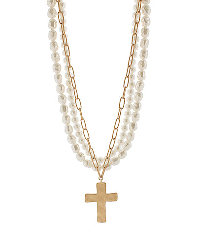 Layered Pearl Cross Necklace