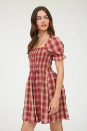Lucy Burgundy Puff Sleeve Plaid Dress
