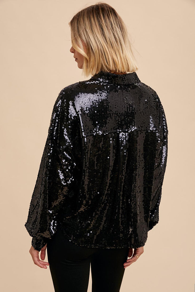 Black Sequin Button-down