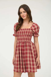Lucy Burgundy Puff Sleeve Plaid Dress