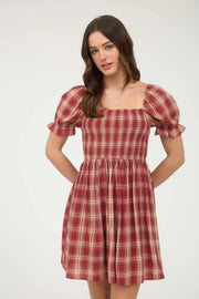 Lucy Burgundy Puff Sleeve Plaid Dress