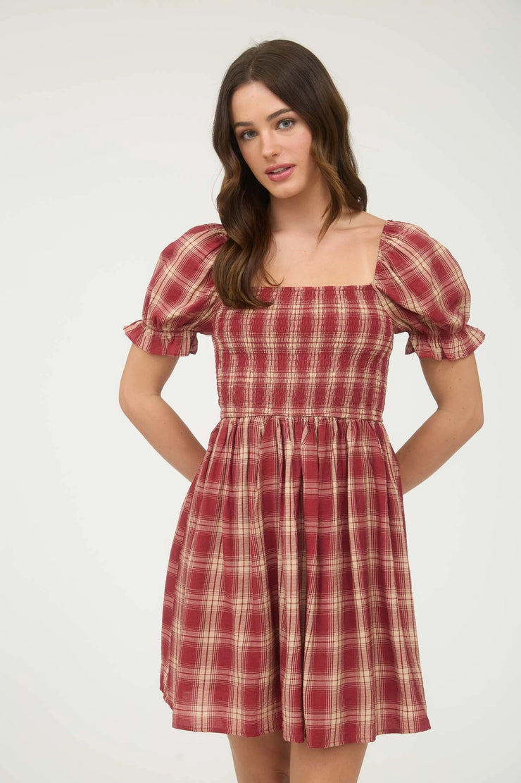 Lucy Burgundy Puff Sleeve Plaid Dress