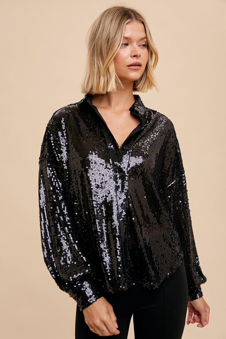 Black Sequin Button-down