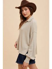 Oatmeal Quarter Split Ribbed Blouse