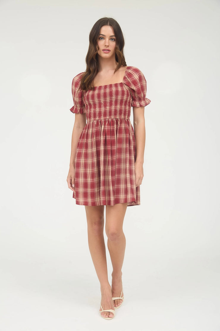 Lucy Burgundy Puff Sleeve Plaid Dress