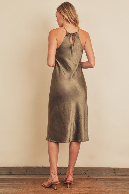 Olive Satin Midi Dress