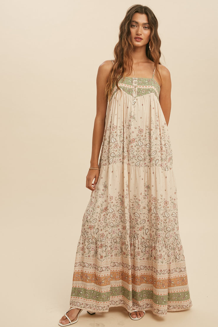 Cream Boho Border Maxi Dress